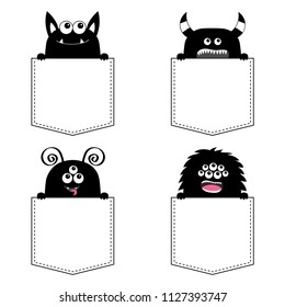 Black monster silhouette set in the pocket. Holding hands paw. Cute cartoon scary funny character. Happy Halloween. Baby collection. T-shirt design. White background. Flat design. Vector illustration