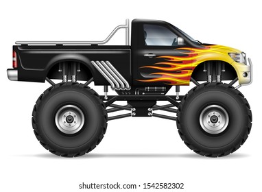 Black monster truck with fire stripes side view. All elements in the groups on separate layers