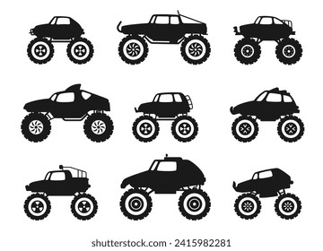 Black monster truck icons. Diesel 4x4 off road vehicle with tires, wheels and exhaust, turbo diesel truck with flat bumpers and flames. Vector isolated set of monster engine illustration