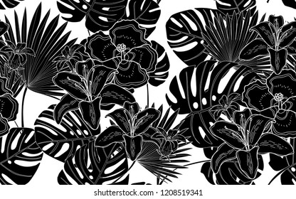 Black  monstera and hawaiian flowers pattern. Vector illustration. Botanical seamless wallpaper. Digital nature art. Cartoon style sketch. White background.