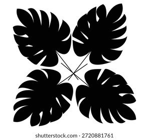 Conjunto de silueta de hoja de monstera negra aislado sobre fondo blanco para diseño botánico moderno, Ilustración de silueta de hojas de monstera tropical dispuesta simétricamente para arte de pared y decoración, Vector de silueta de hoja tropical negro mínimo perfecto para carteles de marca y diseños temáticos de naturaleza