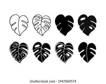 Black Monstera Leaf Silhouette Vector Icon Drawing.Tropical Exotic Outline Isolated Stencil Leaves Set.Posters,Cards,Photo,Overlay, Print,Vinyl Wall Sticker Decal.Plotter Laser Cutting Cut.Decoration.