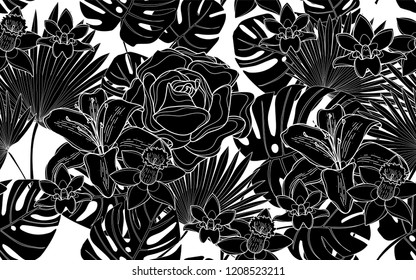 Black monstera leaves and roses pattern. Vector illustration. Botanical seamless wallpaper. Digital nature art. Cartoon style sketch. White background.