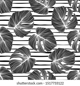 Black monstera leaves seamless pattern on stripes background. Tropical pattern, botanical leaf backdrop. Trendy design for fabric, textile print, wrapping paper. Vector illustration