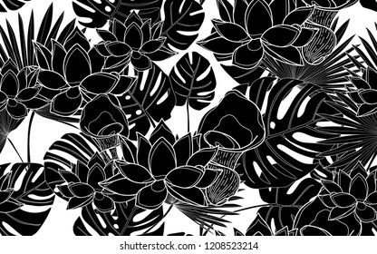 Black monstera and palm leaves and lotus flowers pattern. Vector illustration. Botanical seamless wallpaper. Digital nature art. Cartoon style sketch. White background.