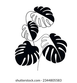 Black monstera plant leaves vector. Hand drawn icon, graphic leaf silhouette. Floral drawing, design, print, beauty branding, card, poster, shop logo, sign, symbol. Minimal botanical illustration.