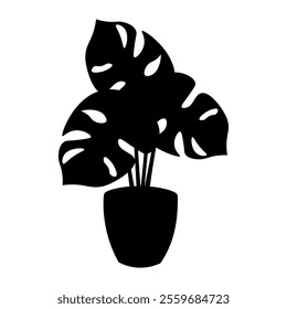 Black monstera potted plant silhouette vector illustration, monstera silhouette clip art image
