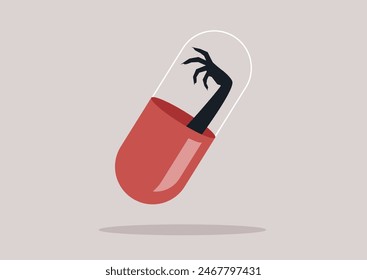 A black monstrous hand with clawed fingers reaches out from inside a red and clear pill capsule, creating an eerie and surreal visual on a plain beige backdrop