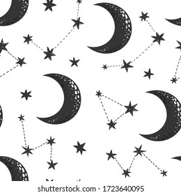 Black moon and constellations on a white background. Starry sky, seamless pattern