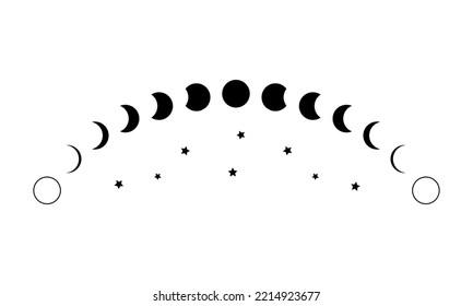 Black moon different phases or lunar phases curve and stars on white background flat vector icon design.