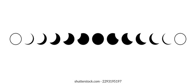 Black moon different phases or lunar phase waxing and waning magic mysterious boho on white background flat vector black icon design.