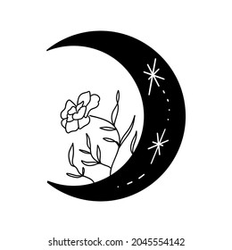 Luna negra con flores dibujadas a mano. Creciente celeste aislado. Elemento Boho, luna tribal.