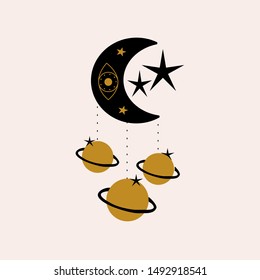 Black moon, golden planets and stars. Vector elements in a celestial inspired illustration, perfect to use on the web, as a illustration, or in print