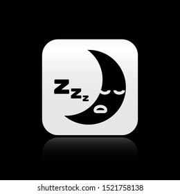 Black Moon icon isolated on black background. Cloudy night sign. Sleep dreams symbol. Night or bed time sign. Silver square button. Vector Illustration