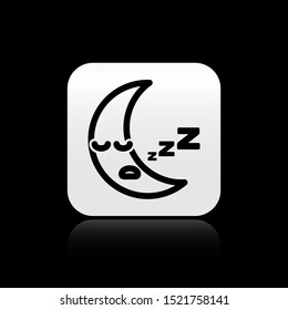 Black Moon icon isolated on black background. Cloudy night sign. Sleep dreams symbol. Night or bed time sign. Silver square button. Vector Illustration