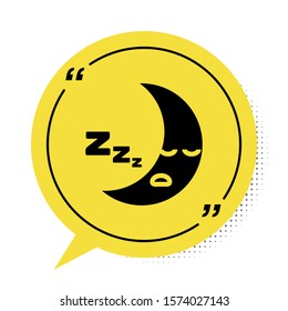 Black Moon icon isolated on white background. Cloudy night sign. Sleep dreams symbol. Night or bed time sign. Yellow speech bubble symbol. Vector Illustration
