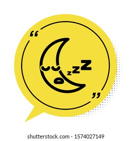Black Moon icon isolated on white background. Cloudy night sign. Sleep dreams symbol. Night or bed time sign. Yellow speech bubble symbol. Vector Illustration