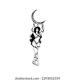 black moon lilith symbol illustration of a woman holding a moon. Symbolism of femininity