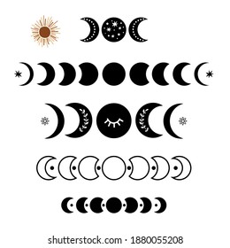 Black moon phase logo set. Boho moon symbol. Black luna cycle. Full moon, half moon isolated. Celestial icon graphic element