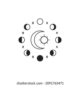 Fases de la Luna Negra. Diseño de tarot lunar y solar. Ilustración vectorial de icono brillante.