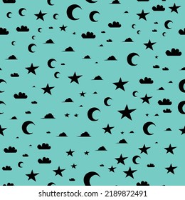 black moon stars and clouds in blue sky background seamless pattern repeatable. perfect for gift wrapping, invitation card, greeting card, fashion textile pattern design etc