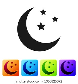 Black Moon and stars icon isolated on white background. Set icon in color square buttons. Vector Illustration