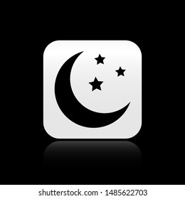 Black Moon and stars icon isolated on black background. Silver square button. Vector Illustration