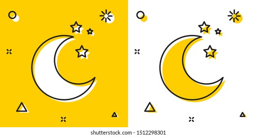 Black Moon and stars icon isolated on yellow and white background. Random dynamic shapes. Vector Illustration