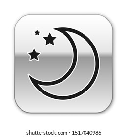 Black Moon and stars icon isolated on white background. Silver square button. Vector Illustration