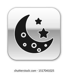 Black Moon and stars icon isolated on white background. Silver square button. Vector Illustration