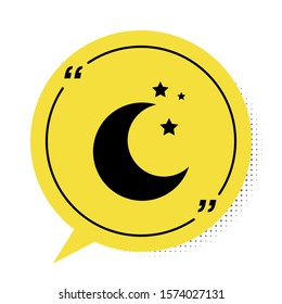 Black Moon and stars icon isolated on white background. Yellow speech bubble symbol. Vector Illustration