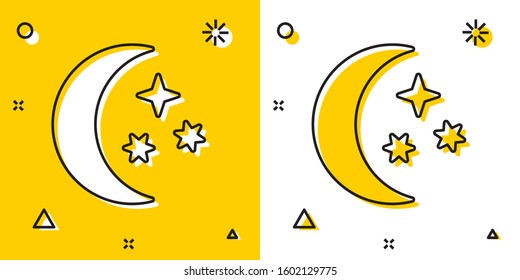 Black Moon and stars icon isolated on yellow and white background. Random dynamic shapes. Vector Illustration