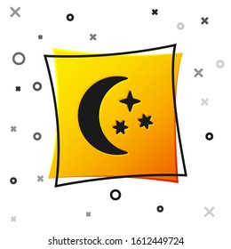 Black Moon and stars icon isolated on white background. Yellow square button. Vector Illustration