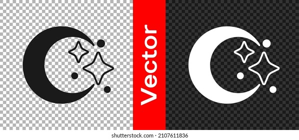 Black Moon and stars icon isolated on transparent background. Cloudy night sign. Sleep dreams symbol. Full moon. Night or bed time sign.  Vector