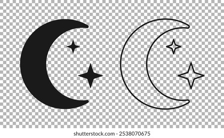 Black Moon and stars icon isolated on transparent background. Cloudy night sign. Sleep dreams symbol. Full moon. Night or bed time sign.  Vector