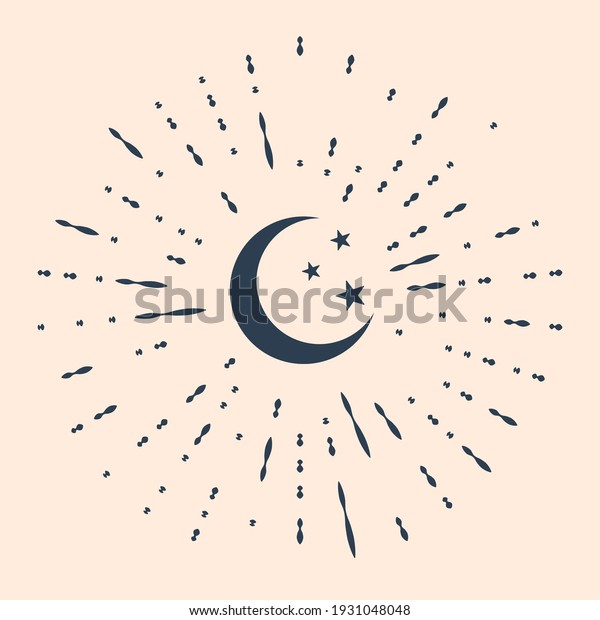 Black Moon and stars\
icon isolated on beige background. Abstract circle random dots.\
Vector Illustration