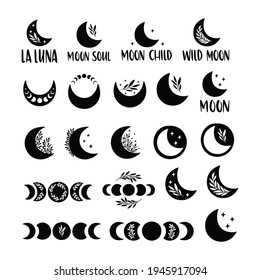 Black moon vector illustration set. Foral moon template for logo, boho poster, card, magic print, celestial t-shirt design, Halloween decoration. Witch, esoteric symbol. Moon phases, stars, brunch.