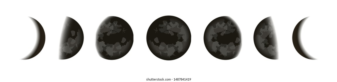 Black moons icons set, lunar phases in night starry sky, Shape of the directly sunlit portion of the Moon as viewed from Earth, vector illustraton.