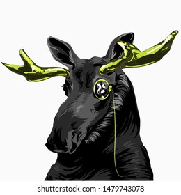 A black moose with golden horns. An elk with a monocle. Vector illustratinon.