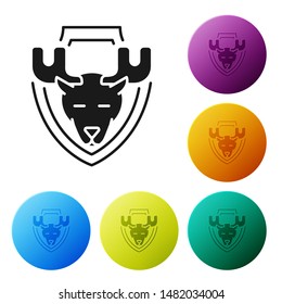 Black Moose head on shield icon isolated on white background. Hunting trophy on wall. Set icons colorful circle buttons. Vector Illustration