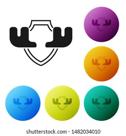 Black Moose horns on shield icon isolated on white background. Hunting trophy on wall. Set icons colorful circle buttons. Vector Illustration
