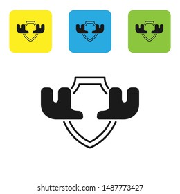 Black Moose horns on shield icon isolated on white background. Hunting trophy on wall. Set icons colorful square buttons. Vector Illustration