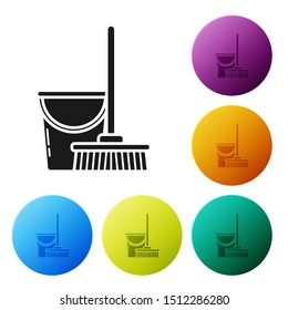 Black Mop and bucket icon isolated on white background. Cleaning service concept. Set icons colorful circle buttons. Vector Illustration