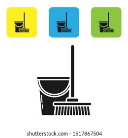 Black Mop and bucket icon isolated on white background. Cleaning service concept. Set icons colorful square buttons. Vector Illustration