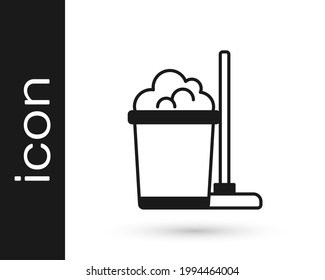 Black Mop and bucket icon isolated on white background. Cleaning service concept.  Vector
