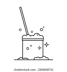 Mopa negra en agua de cubo con herramienta de limpieza de burbujas contorno de diseño de icono de vector plano.