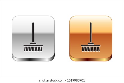 Black Mop icon isolated on white background. Cleaning service concept. Silver-gold square button. Vector Illustration