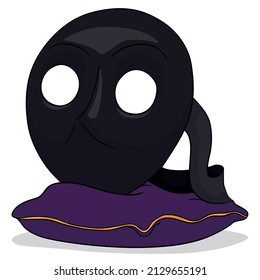 Black Moretta mask -or servetta muta- resting in a purple soft cushion, ready to be used during Venetian carnival season.