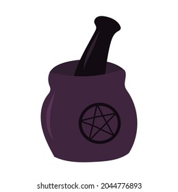 Black mortar with pentagram. Witchcraft magic design element.