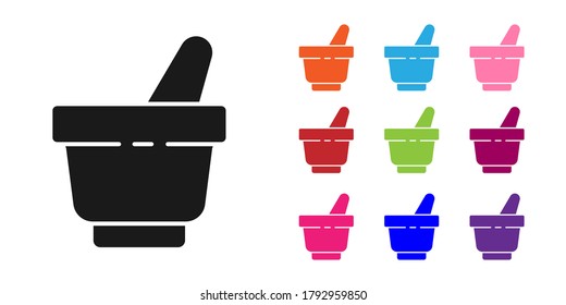 Black Mortar and pestle icon isolated on white background. Set icons colorful. Vector Illustration